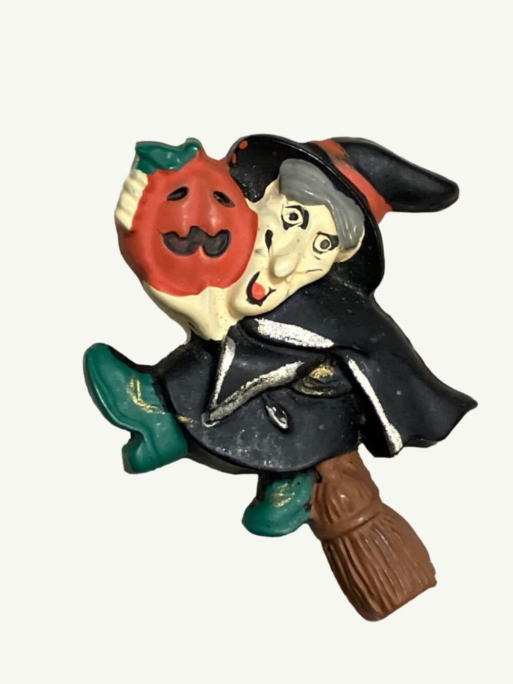 Halloween Witch Pin Brooch Made In Taiwan With Pumpkin and Broom